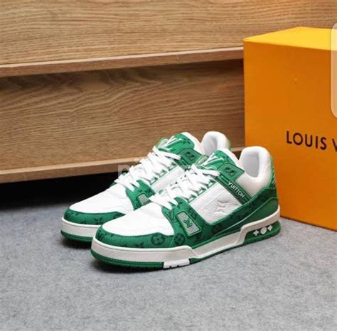 lv trainer green denim